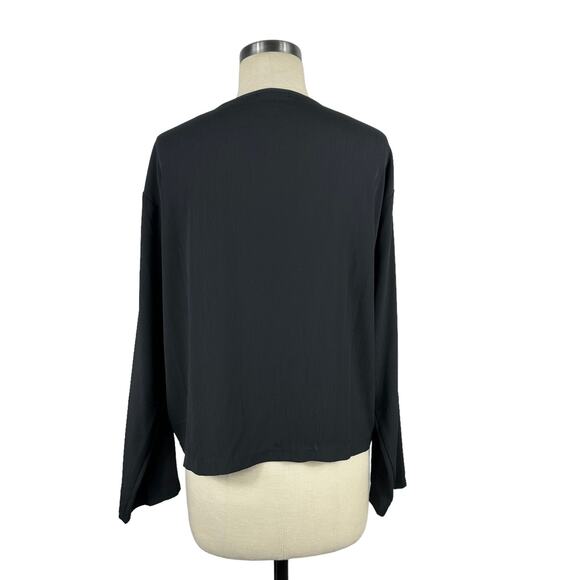 HEYGIRL STUDIO Black Satin V-Neck Button Down Blouse Long Sleeve Classy Chic - Picture 3 of 5